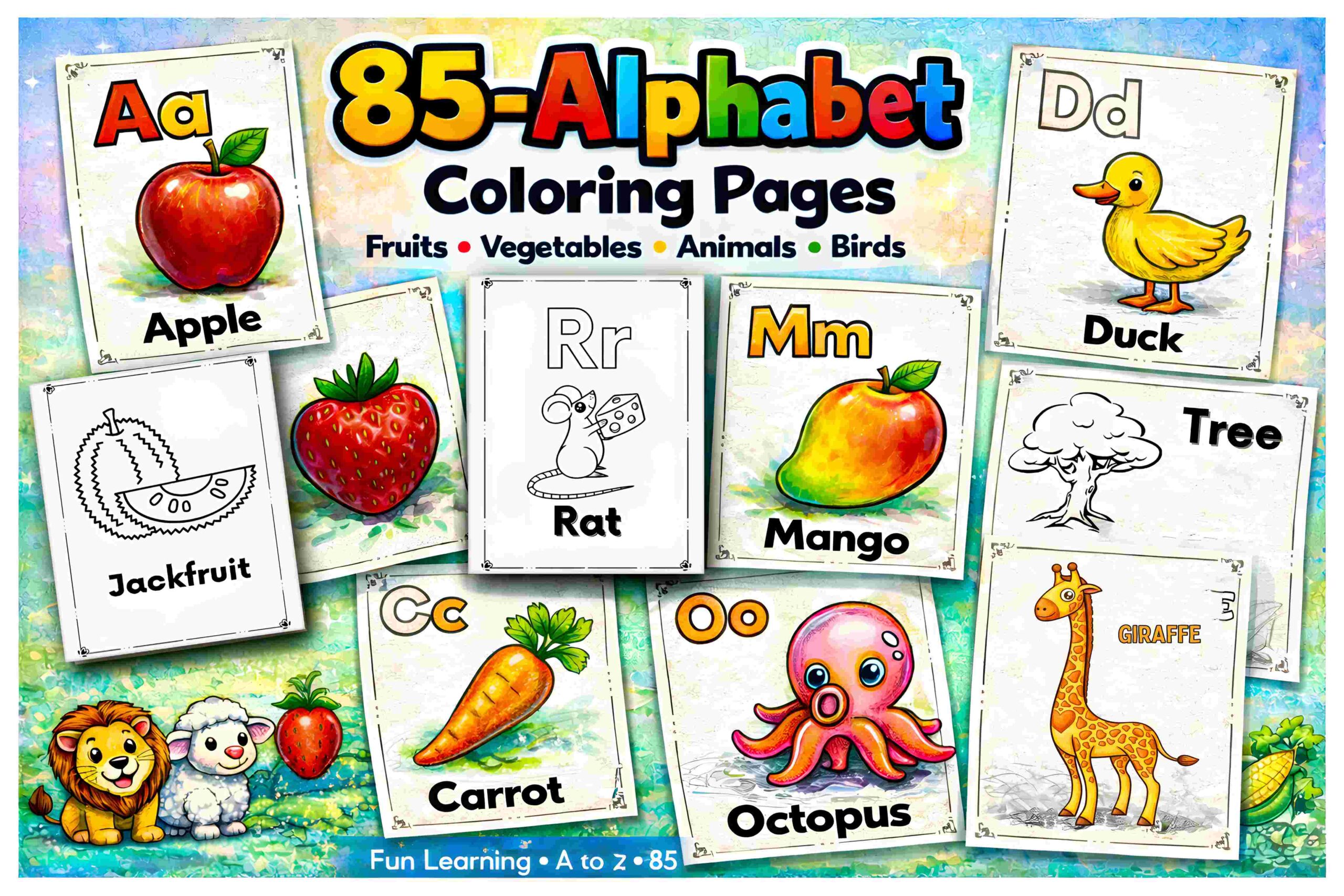 85-Page Alphabet Coloring Book for Kids β A to Z Fun with Fruits, Animals & More! (Instant PDF Download)